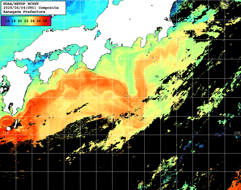 NOAA、MetOp 人工衛星画像 検索結果, 水温分布を図示
