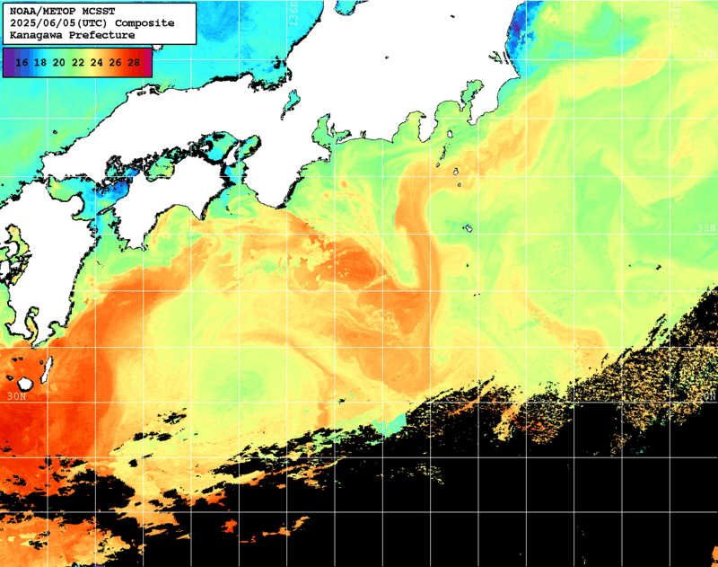 NOAA、MetOp 人工衛星画像 検索結果, 水温分布を図示
