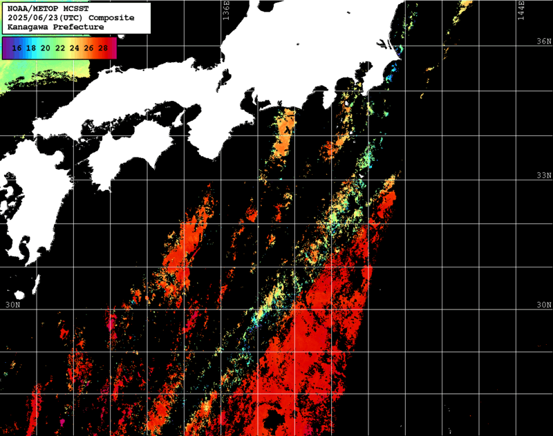 NOAA、MetOp 人工衛星画像 検索結果, 水温分布を図示
