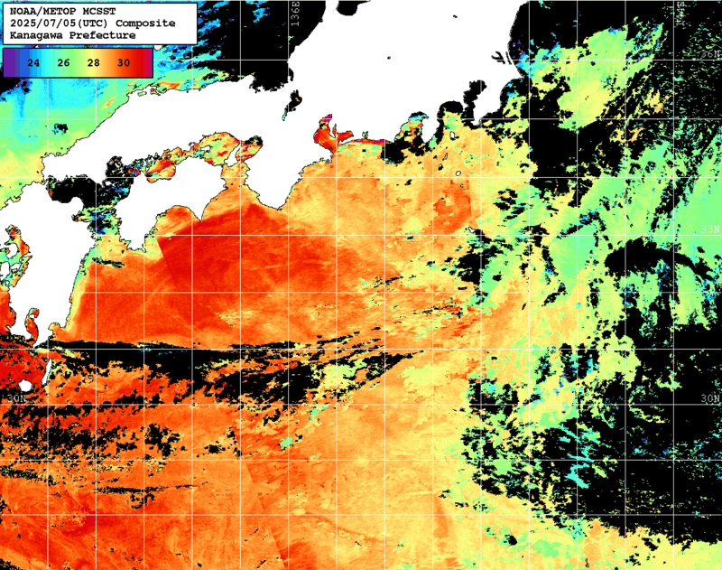 NOAA、MetOp 人工衛星画像 検索結果, 水温分布を図示