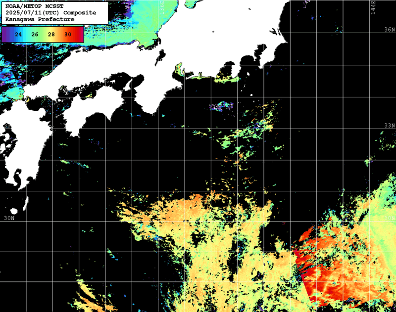 NOAA、MetOp 人工衛星画像 検索結果, 水温分布を図示
