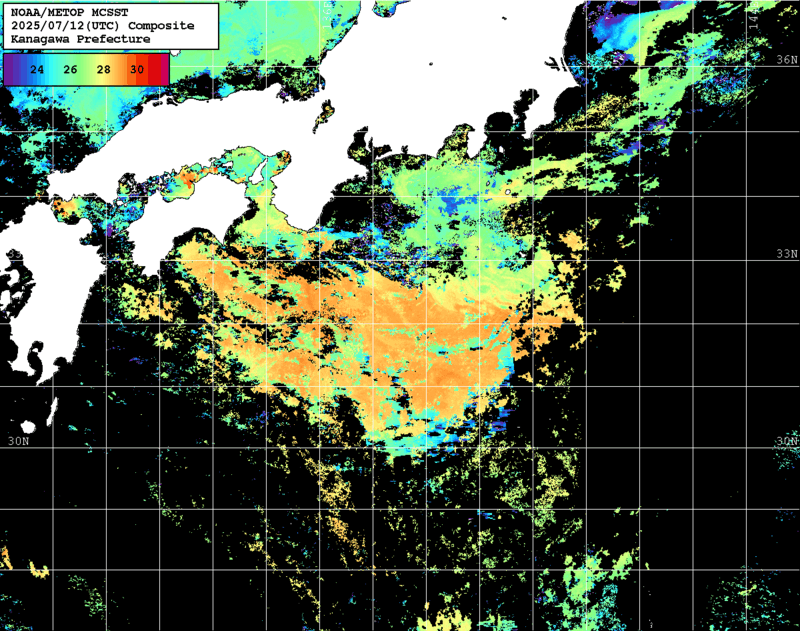 NOAA、MetOp 人工衛星画像 検索結果, 水温分布を図示