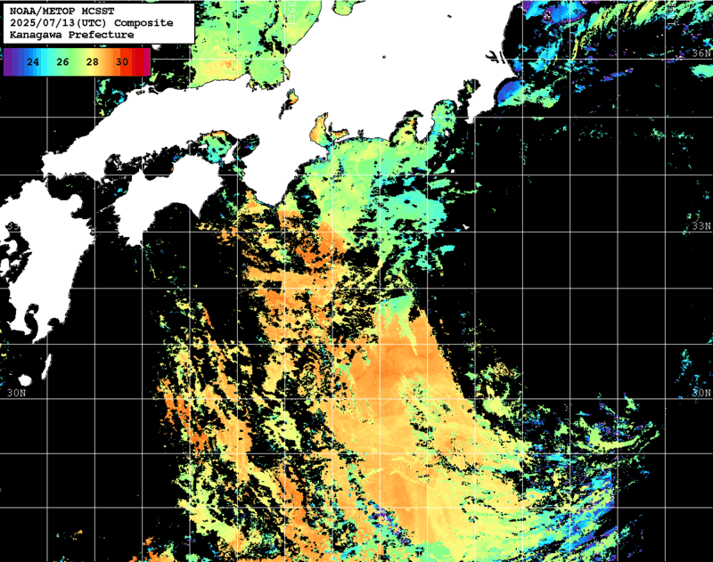 NOAA、MetOp 人工衛星画像 検索結果, 水温分布を図示