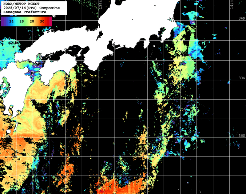 NOAA、MetOp 人工衛星画像 検索結果, 水温分布を図示