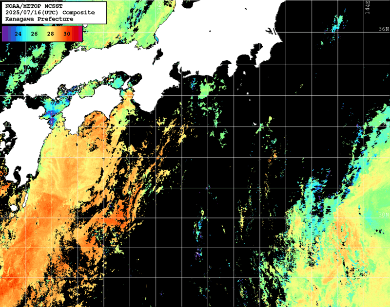 NOAA、MetOp 人工衛星画像 検索結果, 水温分布を図示
