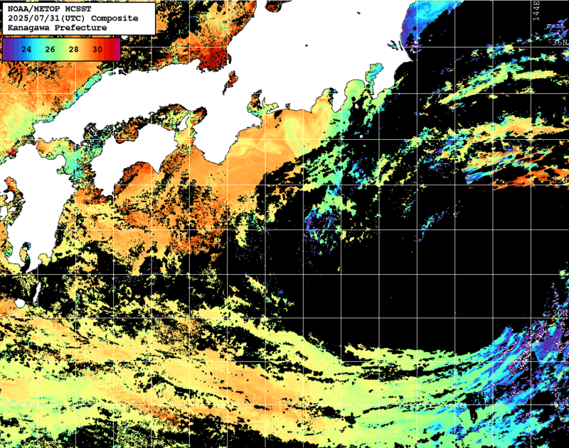 NOAA、MetOp 人工衛星画像 検索結果, 水温分布を図示