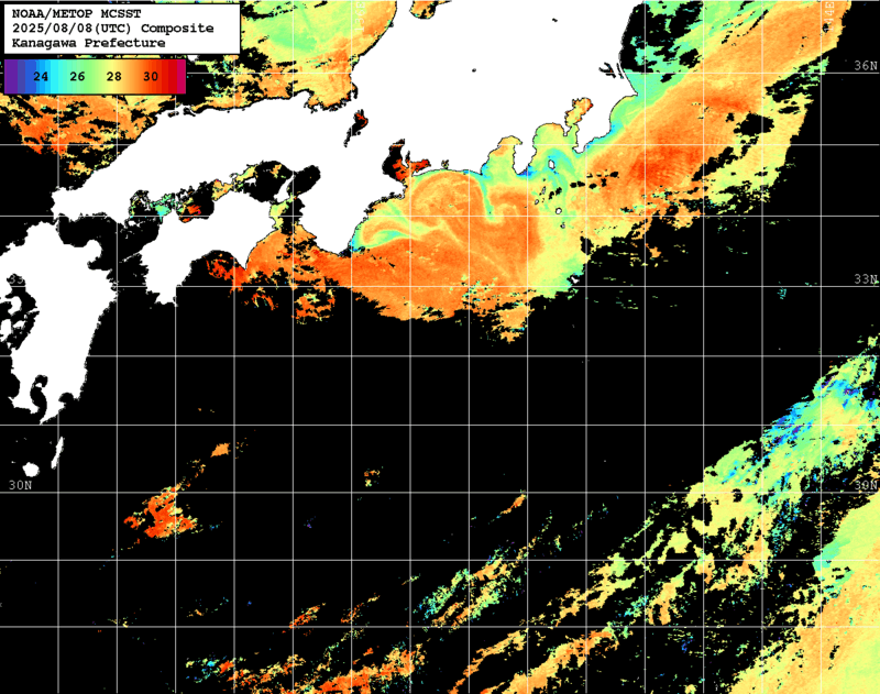 NOAA、MetOp 人工衛星画像 検索結果, 水温分布を図示
