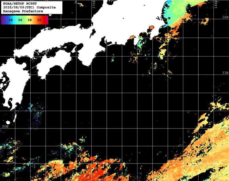 NOAA、MetOp 人工衛星画像 検索結果, 水温分布を図示