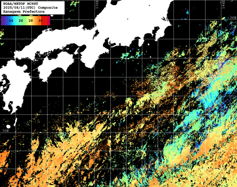 NOAA、MetOp 人工衛星画像 検索結果, 水温分布を図示