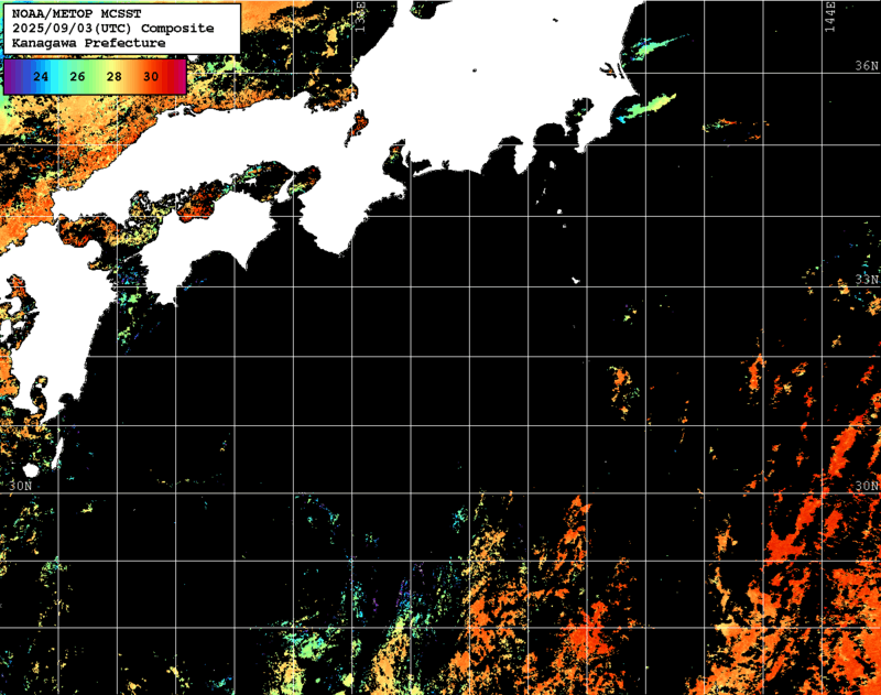 NOAA、MetOp 人工衛星画像 検索結果, 水温分布を図示