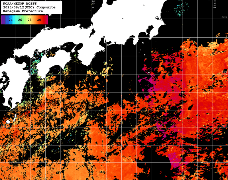 NOAA、MetOp 人工衛星画像 検索結果, 水温分布を図示