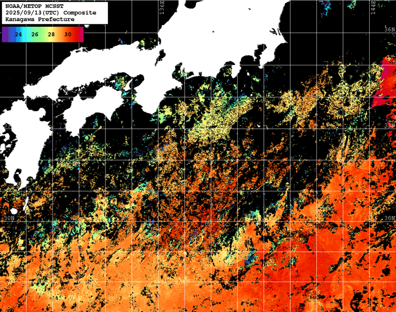 NOAA、MetOp 人工衛星画像 検索結果, 水温分布を図示