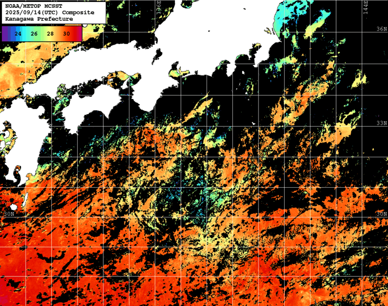 NOAA、MetOp 人工衛星画像 検索結果, 水温分布を図示