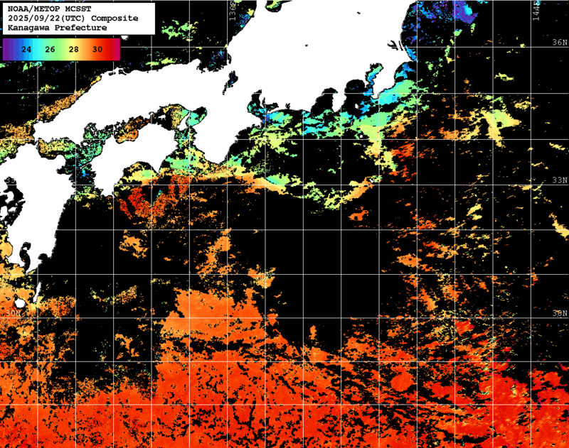 NOAA、MetOp 人工衛星画像 検索結果, 水温分布を図示