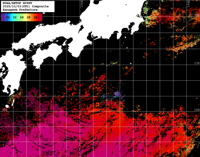 NOAA、MetOp 人工衛星画像 検索結果, 水温分布を図示