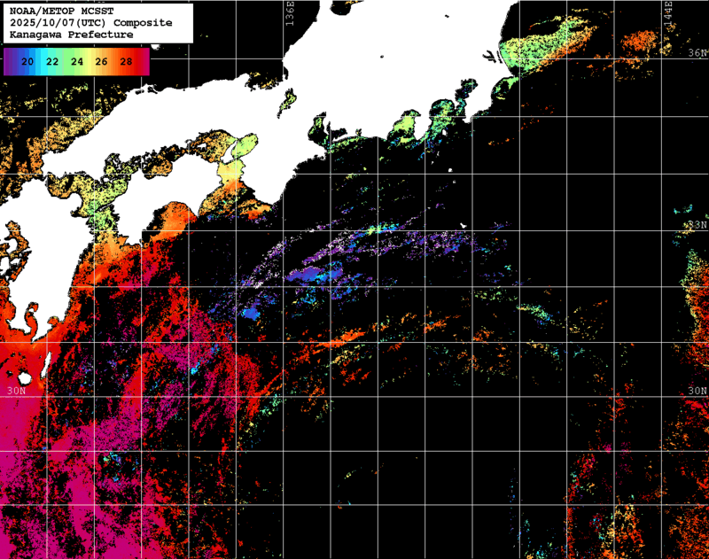 NOAA、MetOp 人工衛星画像 検索結果, 水温分布を図示