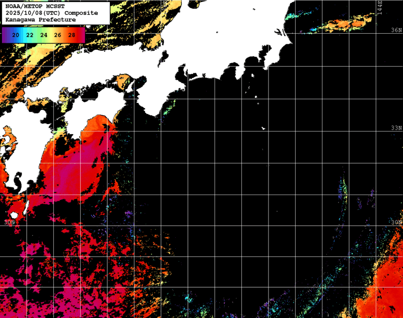 NOAA、MetOp 人工衛星画像 検索結果, 水温分布を図示