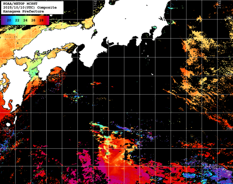 NOAA、MetOp 人工衛星画像 検索結果, 水温分布を図示