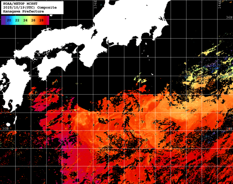 NOAA、MetOp 人工衛星画像 検索結果, 水温分布を図示
