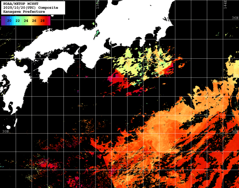 NOAA、MetOp 人工衛星画像 検索結果, 水温分布を図示