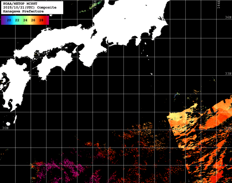 NOAA、MetOp 人工衛星画像 検索結果, 水温分布を図示