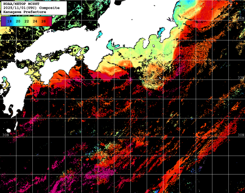 NOAA、MetOp 人工衛星画像 検索結果, 水温分布を図示