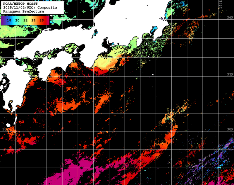 NOAA、MetOp 人工衛星画像 検索結果, 水温分布を図示