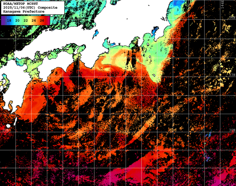 NOAA、MetOp 人工衛星画像 検索結果, 水温分布を図示