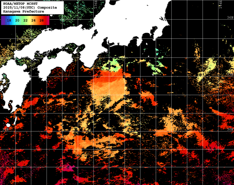 NOAA、MetOp 人工衛星画像 検索結果, 水温分布を図示