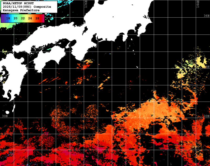 NOAA、MetOp 人工衛星画像 検索結果, 水温分布を図示