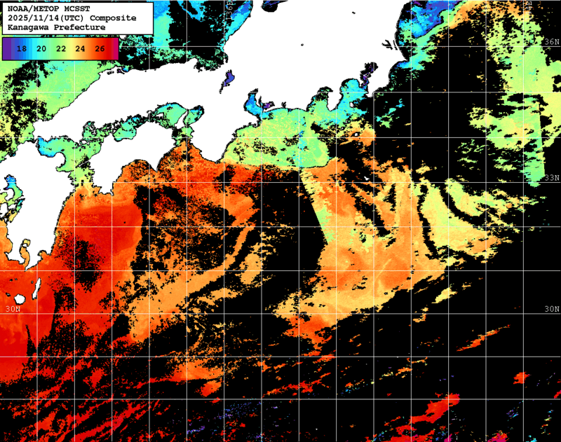 NOAA、MetOp 人工衛星画像 検索結果, 水温分布を図示