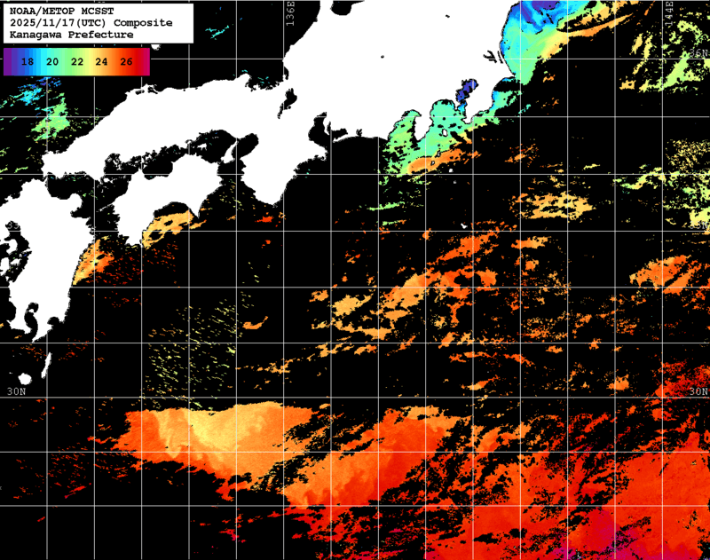 NOAA、MetOp 人工衛星画像 検索結果, 水温分布を図示