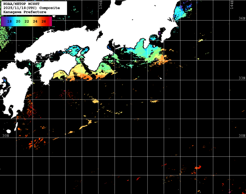 NOAA、MetOp 人工衛星画像 検索結果, 水温分布を図示