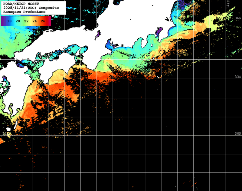 NOAA、MetOp 人工衛星画像 検索結果, 水温分布を図示