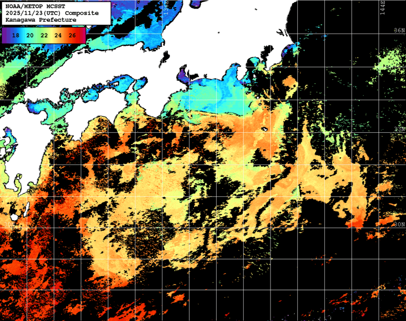 NOAA、MetOp 人工衛星画像 検索結果, 水温分布を図示