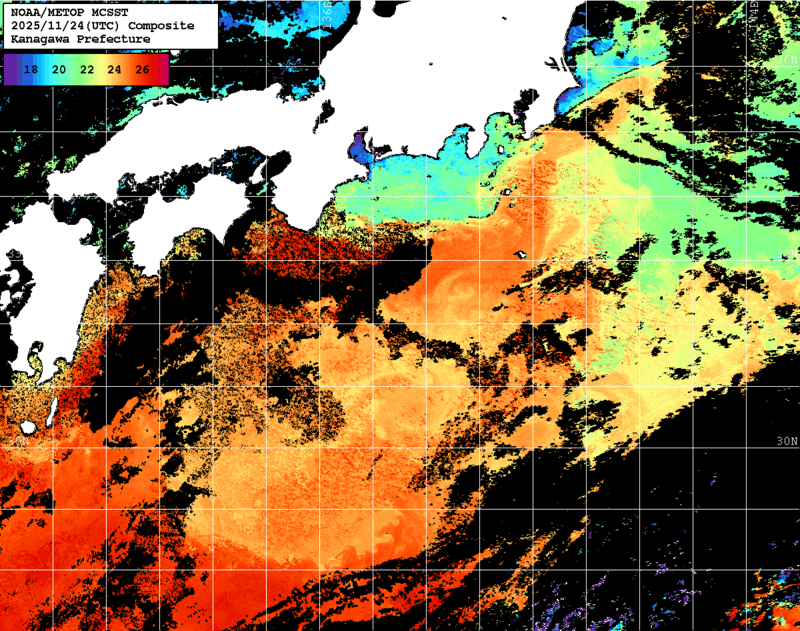 NOAA、MetOp 人工衛星画像 検索結果, 水温分布を図示