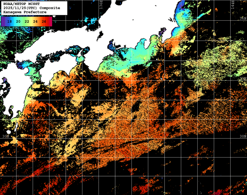 NOAA、MetOp 人工衛星画像 検索結果, 水温分布を図示
