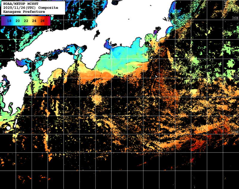 NOAA、MetOp 人工衛星画像 検索結果, 水温分布を図示