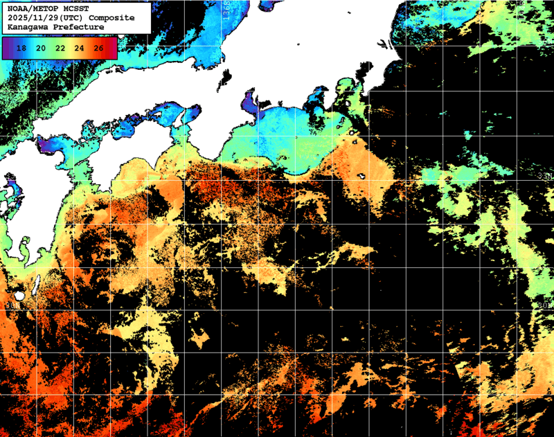 NOAA、MetOp 人工衛星画像 検索結果, 水温分布を図示