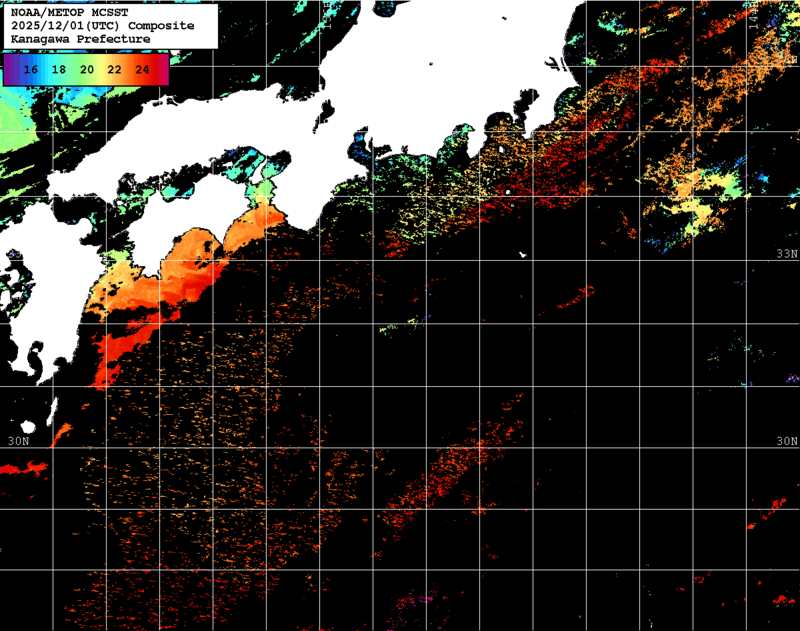 NOAA、MetOp 人工衛星画像 検索結果, 水温分布を図示