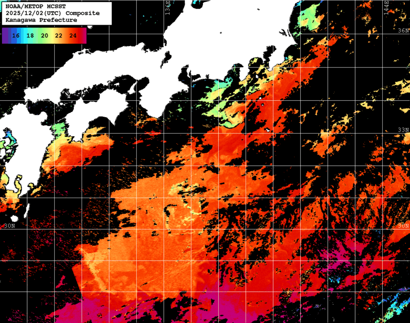 NOAA、MetOp 人工衛星画像 検索結果, 水温分布を図示