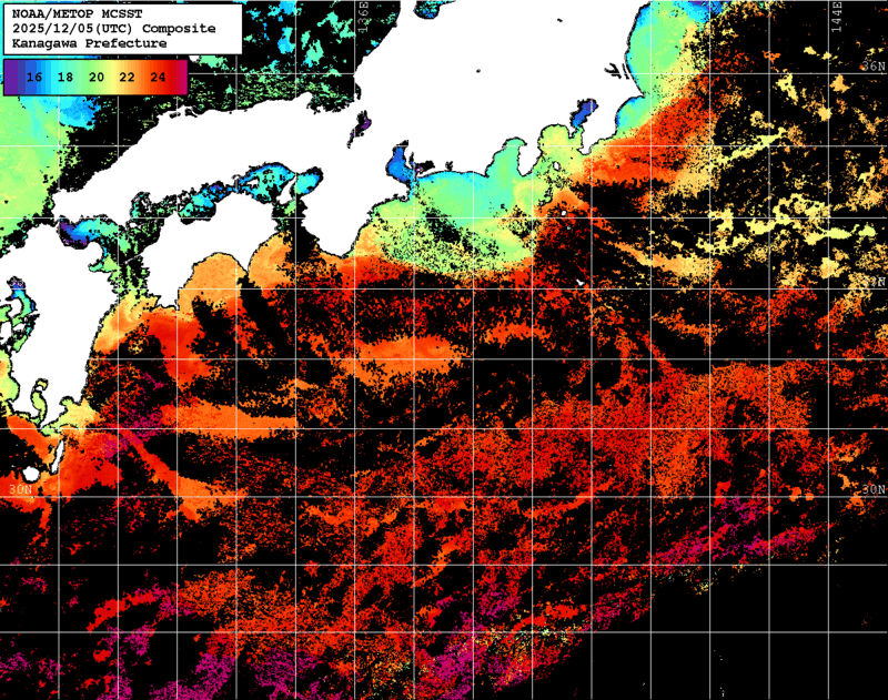 NOAA、MetOp 人工衛星画像 検索結果, 水温分布を図示