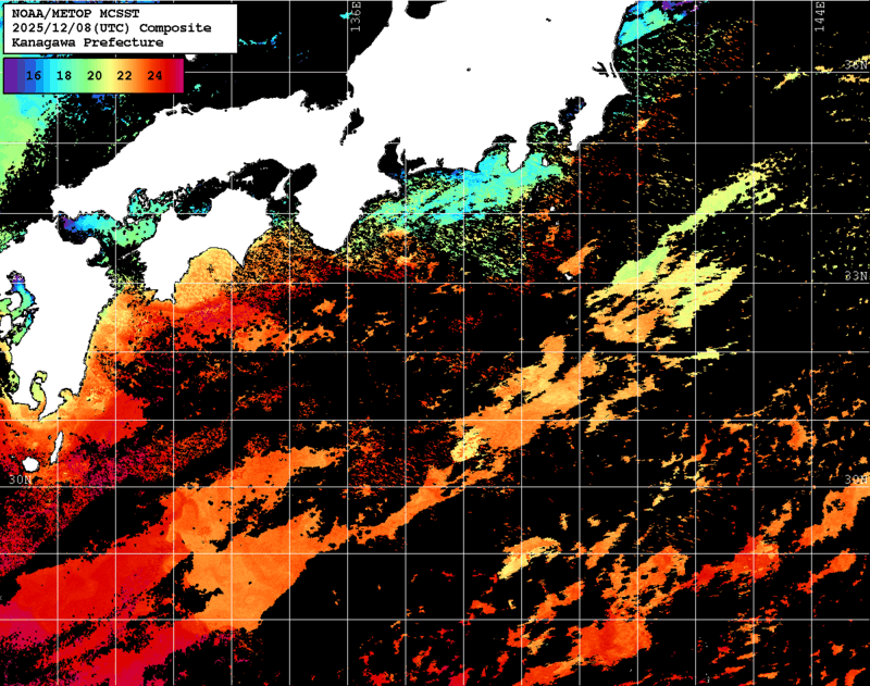 NOAA、MetOp 人工衛星画像 検索結果, 水温分布を図示