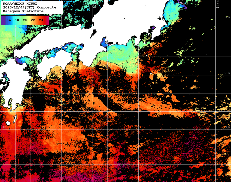 NOAA、MetOp 人工衛星画像 検索結果, 水温分布を図示