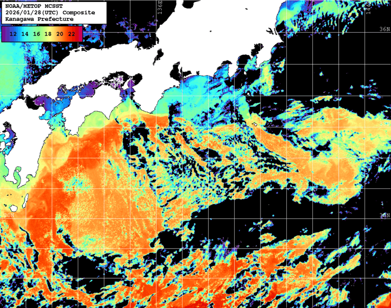 NOAA、MetOp 人工衛星画像 検索結果, 水温分布を図示