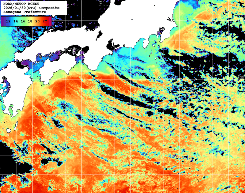 NOAA、MetOp 人工衛星画像 検索結果, 水温分布を図示