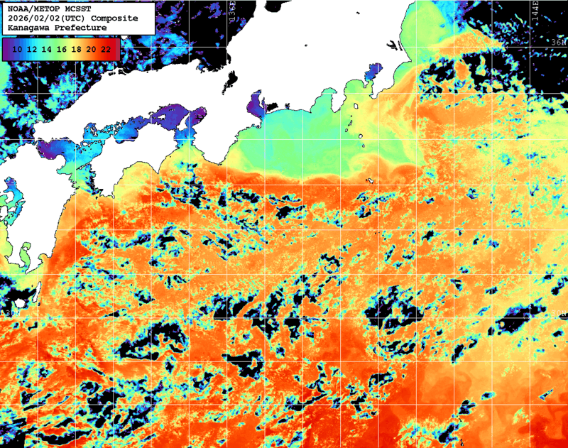 NOAA、MetOp 人工衛星画像 検索結果, 水温分布を図示