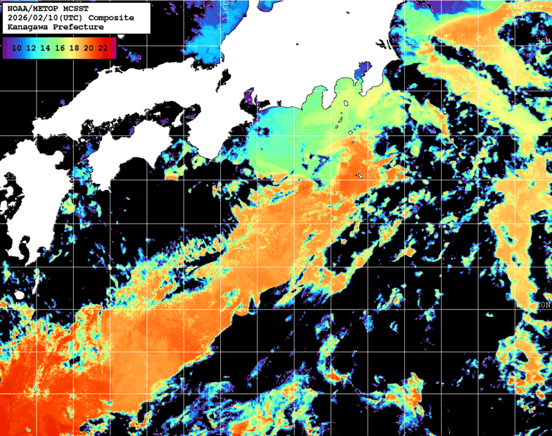 NOAA、MetOp 人工衛星画像 検索結果, 水温分布を図示