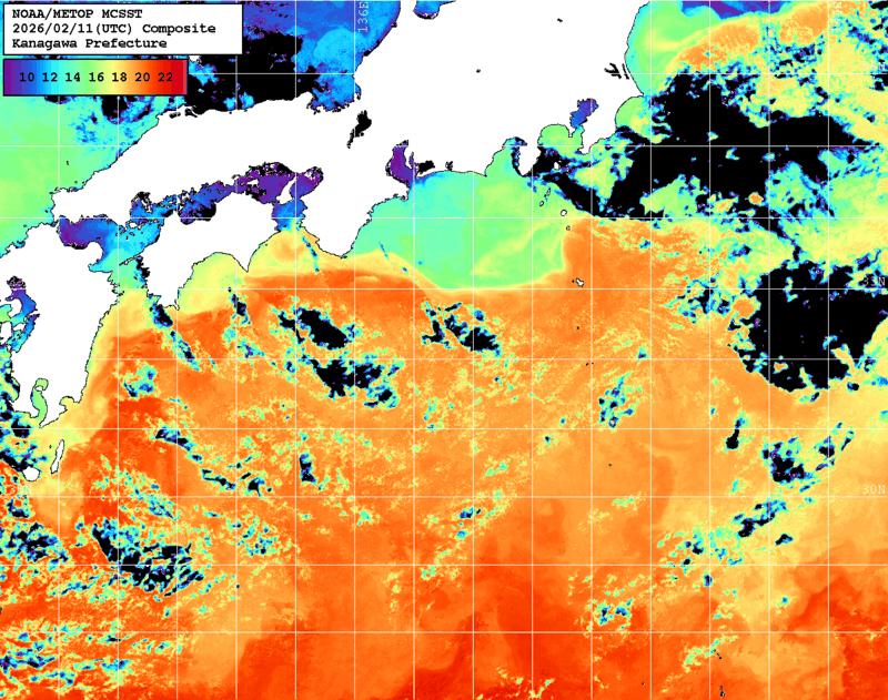 NOAA、MetOp 人工衛星画像 検索結果, 水温分布を図示