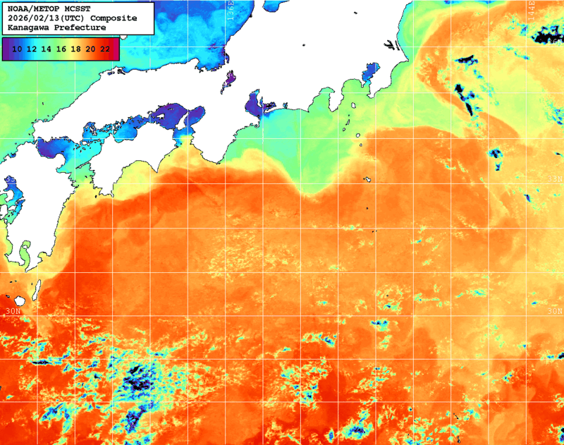 NOAA、MetOp 人工衛星画像 検索結果, 水温分布を図示